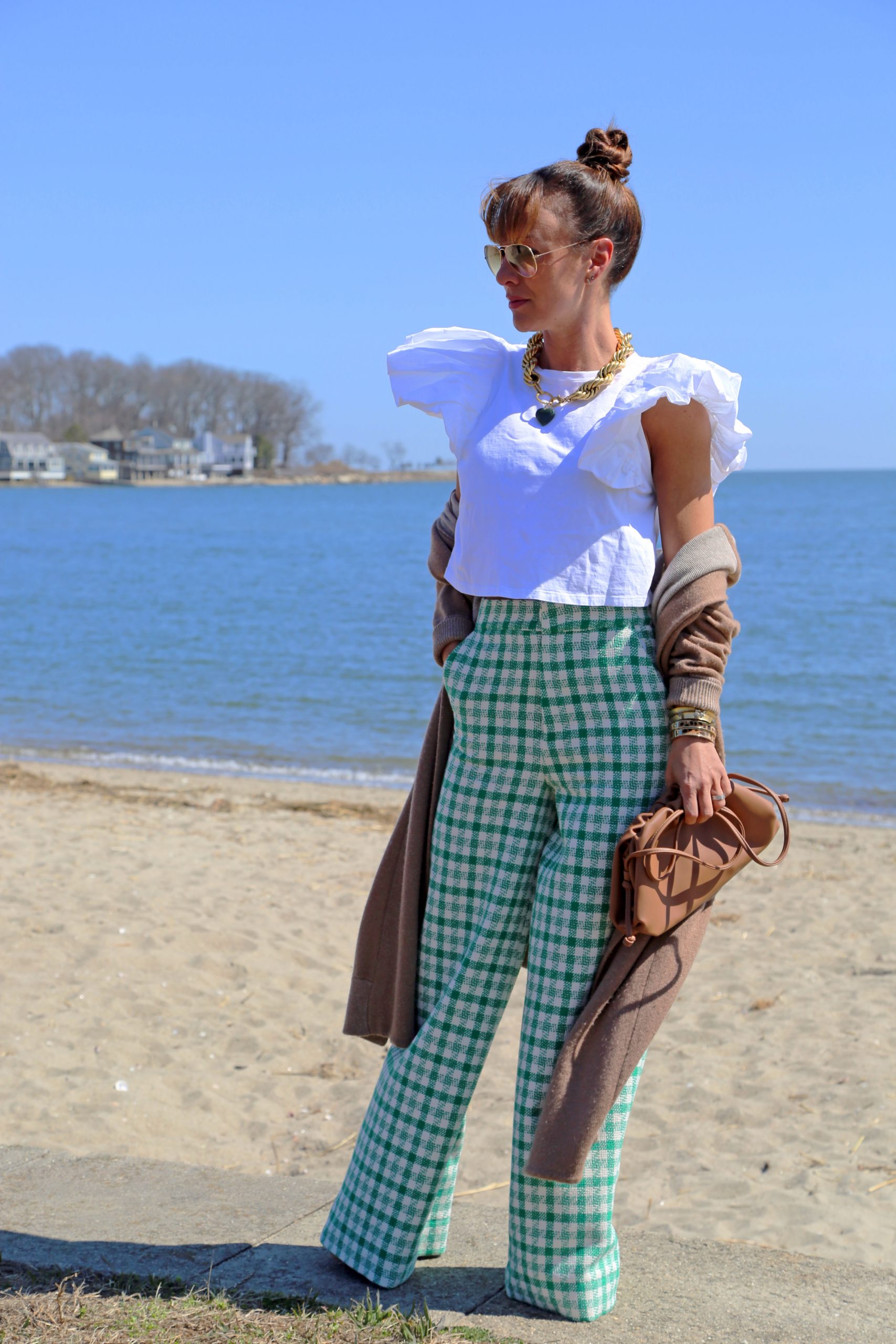 Gingham wide leg pants